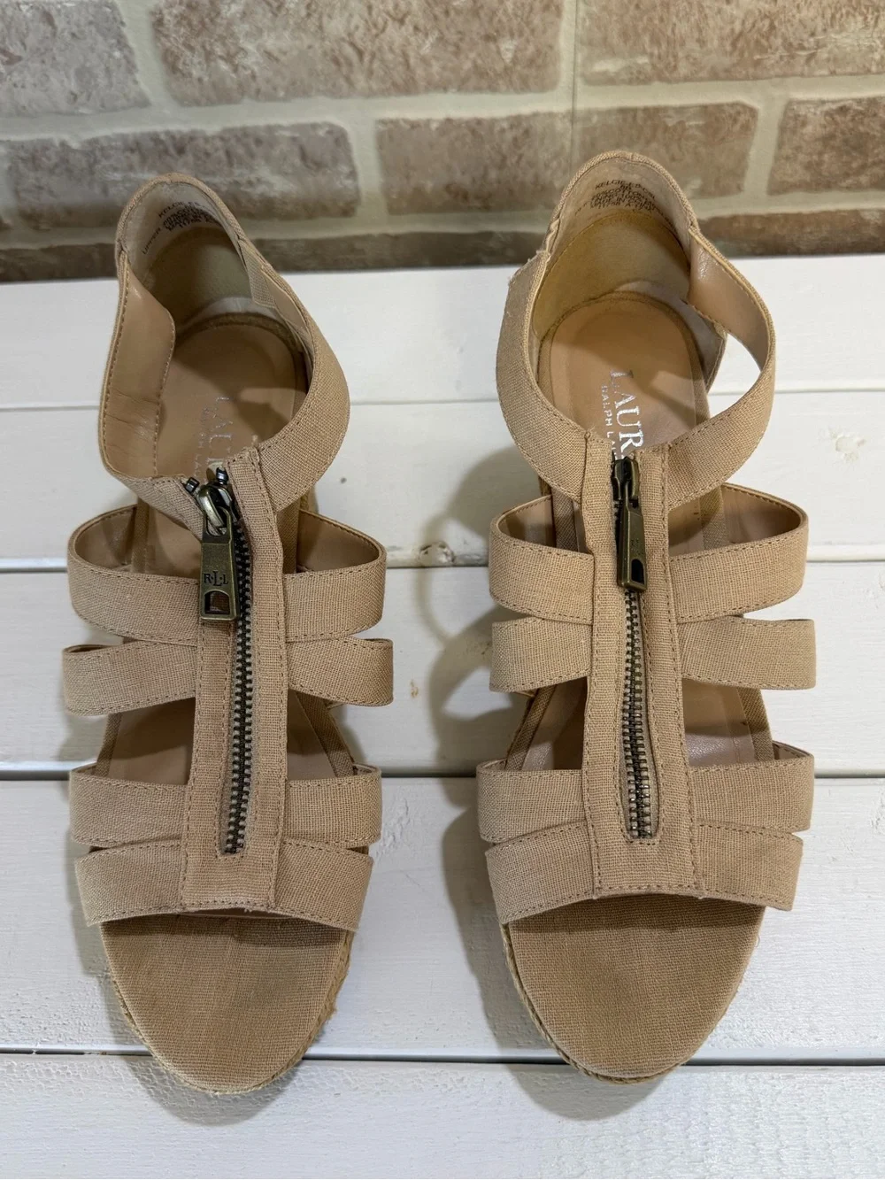 Lauren Ralph Lauren Kelcie Espadrille Wedge Sandals Beige Linen Zip Front SZ 8B